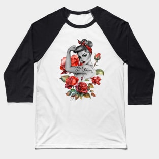 Red Roses and Ladybug Girl Power by Anne Cha Modern Rosie the Riveter Baseball T-Shirt